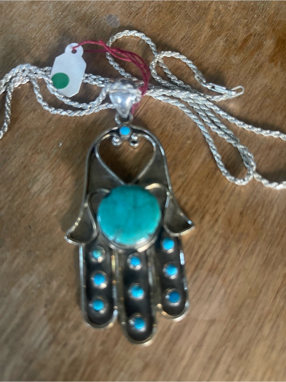 Hand of Fatima Turquoise Pendant Necklace - Silver Tone